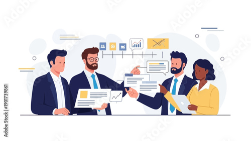 Diverse business team collaborating on strategy with charts and timelines