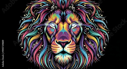 Vibrant Abstract Lion Portrait With Music Elements