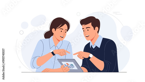 Teamwork and collaboration: business people reviewing data on tablet