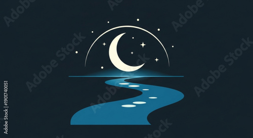Glowing crescent moon above a serene winding river at night with stars and a clear blue pathway under the moonlight
