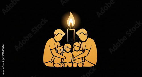 Family of four sitting together in unity with a lit candle symbolizing hope and togetherness in a minimalist illustration style