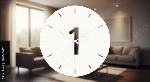 Large white clock with one o'clock in modern living room with beige sofa and natural light