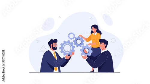 Teamwork and Collaboration: People working together with gears