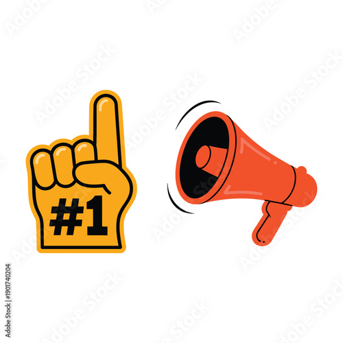 Fan gear icons, number one foam finger and megaphone, pep rally poster, cheer practice session, support squad registration table