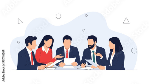 Business meeting illustration: diverse team discussing strategy and planning