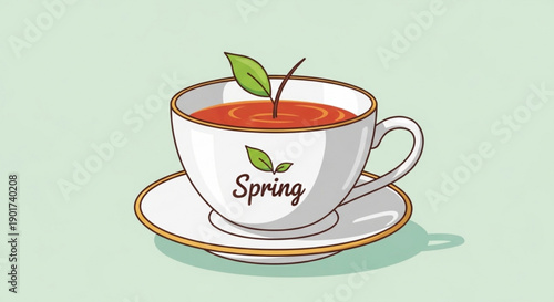 Illustration of a white teacup with spring design on a saucer with orange tea and green leaves on a light green background