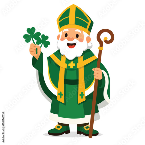 St Patrick Character With Clover Full Body Flat Vector Illustration featuring Patron Saint of Ireland Holding Lucky Shamrock for St Patrick’s Day Celebration