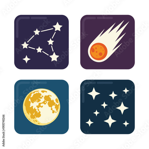 Astronomy night tiles, constellation chart squares, comet streak, moon phases icon, stargazing workshop session materials, planetarium education poster graphic