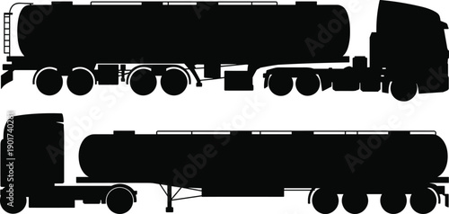 Tanker truck silhouette vector set showing side views of fuel and liquid transport trailers isolated for logistics industrial design
