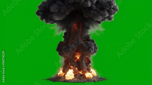 Massive nuclear explosion mushroom cloud, intense fire and smoke, green screen effect