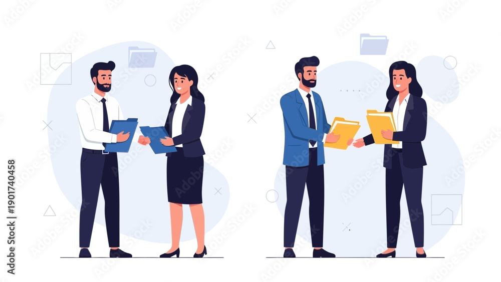 Obraz premium Business partners exchanging documents, teamwork, collaboration, office meeting