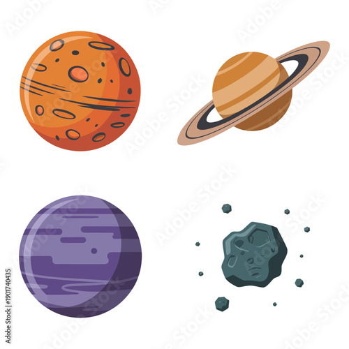 Solar system planets and meteor icon pack featuring ringed world, cratered sphere, purple gas planet, debris particles for education