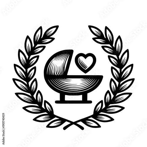 Baby cradle with laurel wreath and heart minimal vector