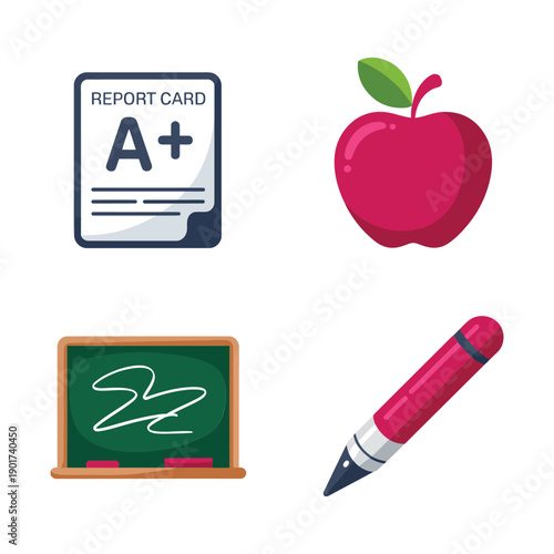 School report card A grade, red apple, chalkboard and pencil icons for back to school, teacher resources, education day