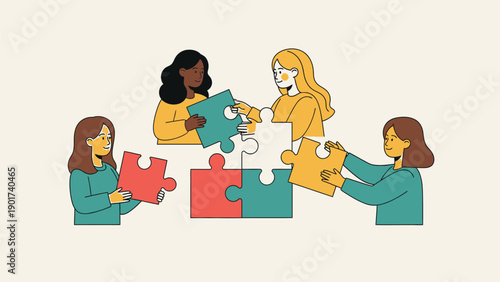 Four Women Assembling Jigsaw Puzzle Together.