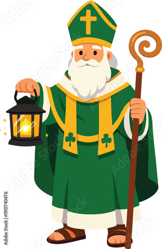 St Patrick Character Holding Lantern Full Body Flat Vector Illustration featuring Patron Saint of Ireland with Glowing Light and Traditional Bishop Attire