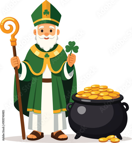 St Patrick Character With Pot Of Gold Full Body Flat Vector Illustration featuring Patron Saint of Ireland with Treasure and Shamrocks for St Patrick’s Day