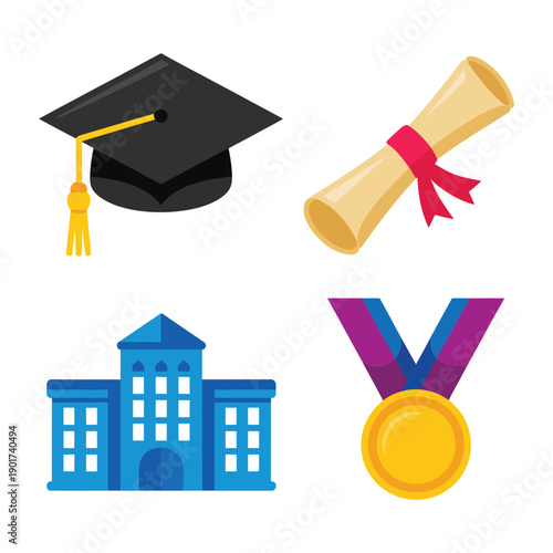 Graduation achievement set with mortarboard, diploma scroll, campus buildings and ribbon medal for commencement program, college brochure, school marketing