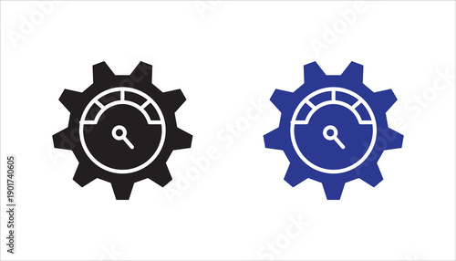 Line icon of a gear with a speedometer symbol, representing performance optimization, efficiency, productivity, and system performance monitoring.