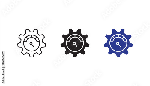 Line icon of a gear with a speedometer symbol, representing performance optimization, efficiency, productivity, and system performance monitoring.