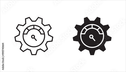 Line icon of a gear with a speedometer symbol, representing performance optimization, efficiency, productivity, and system performance monitoring.