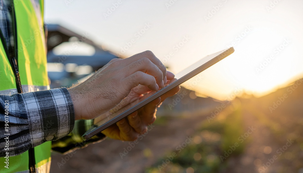 Obraz premium Engineer in safety vest using a tablet outdoors at sunset, managing a project with digital technology.