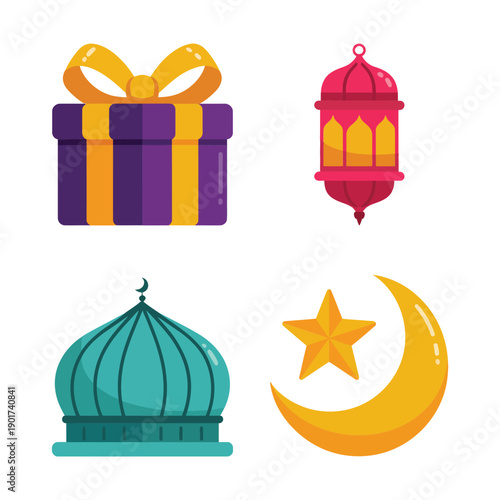 Ramadan eid celebration icons, gift box, hanging lantern, mosque dome, crescent star, community iftar session, charity event branding vector