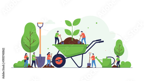 Group of people working together to plant a tree in a giant wheelbarrow and tending to smaller plants in a garden.
