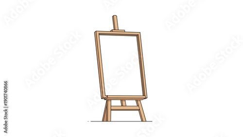 Minimalist illustration of a wooden artist easel with a blank white canvas ready for painting on a white background.