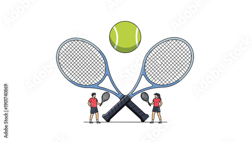 Man and woman holding tennis rackets standing beneath two giant crossed rackets and a large tennis ball on white background.