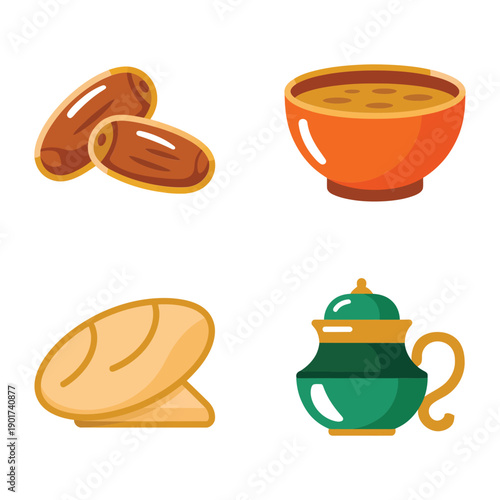 Iftar meal icons, dates fruit, soup bowl, flatbread, teapot, evening fast breaking event poster, community session, Ramadan food vector