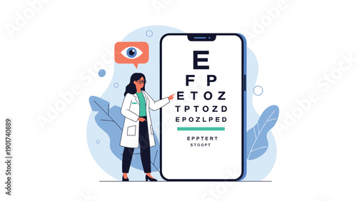 Female ophthalmologist pointing to an eye chart displayed on a large smartphone screen for vision testing concepts.