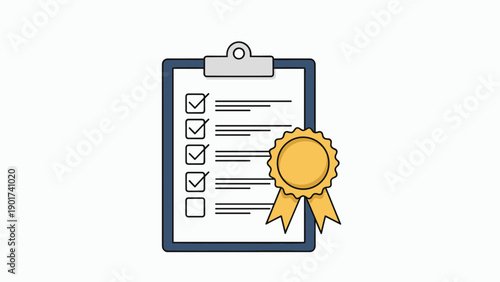 Quality assurance or compliance checklist on a clipboard with a gold medal ribbon signifying success and high standards of work.