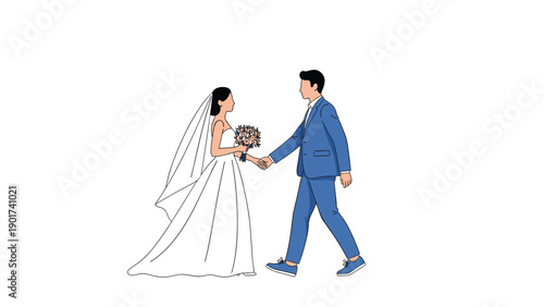 Newlywed couple holding hands and walking together in their wedding attire featuring a white bridal gown and a blue groom suit.