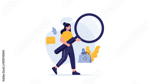 Concept of searching or auditing featuring a woman carrying a giant magnifying glass to investigate data or find specific information.