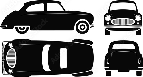 Vintage classic car silhouette vector set showing front side rear and top views isolated for retro automotive design projects