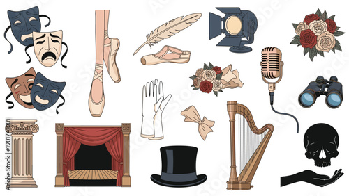 Collection of theatrical and performing arts symbols including masks, ballet shoes, a microphone, harp, stage curtains, and a skull.