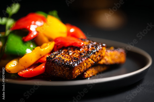 Savory grilled tempeh meal served with colorful pepper on dark plate offers healthy vegan protein dinner option providing delicious vegetable nutrition for appetizing gourmet experience