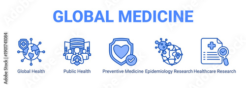 Global Medicine web banner icon concept, with Global Health, Public Health, Preventive Medicine, Epidemiology Research.