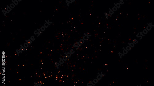 Fiery orange bonfire dust particles animation on black background. Flowing fire ashes in the dark night. Fire particles flying- Sparks particle dust inferno fire explosion with realistic movement.