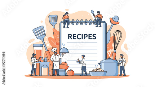 Culinary arts and cooking concept with tiny chefs and people working around a giant recipe book with kitchen tools and ingredients.