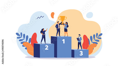 Business victory or sports achievement showing people celebrating on a tiered winner podium with a gold trophy and ranking numbers.