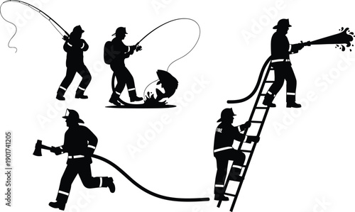Vector, black, silhouette, illustration, set, of, firefighters, in, action, with, hoses, ladders, axes, and, rescue, gear, for, emergency, service, fire, safety, and, bravery, design