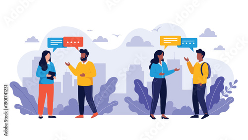 Diverse people engaged in social interaction and conversation in an urban park setting with a city skyline and speech bubbles.