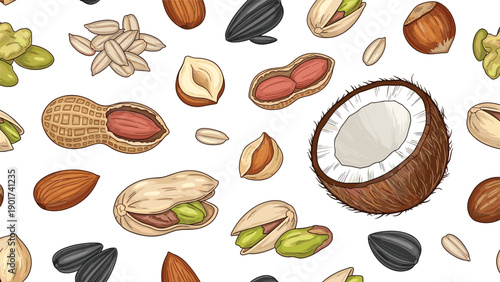 Seamless pattern background of various healthy nuts and seeds including peanuts, pistachios, almonds, hazelnuts, and half a coconut.