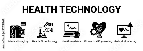 Health Technology web banner icon concept, with Medical Imaging, Health Biotechnology, Health Analytics, Biomedical Engineering.