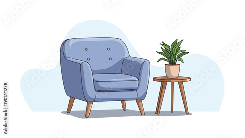 Minimalist home interior design featuring a comfortable blue upholstered armchair next to a small wooden table with a green plant.