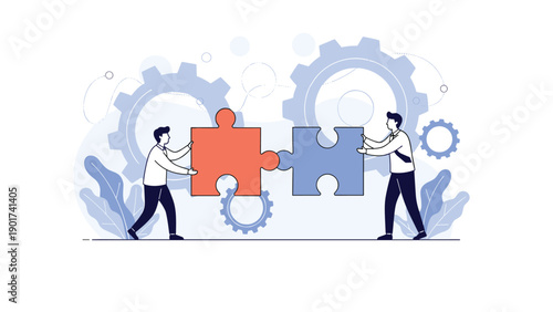 Teamwork and partnership concept showing two businessmen connecting large orange and blue puzzle pieces together against a gear backdrop.