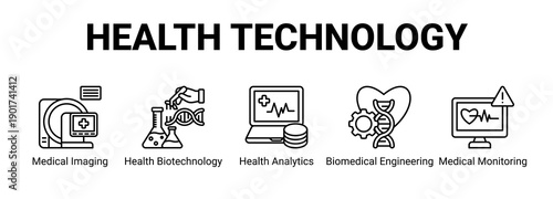 Health Technology web banner icon concept, with Medical Imaging, Health Biotechnology, Health Analytics, Biomedical Engineering.