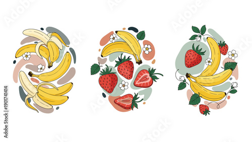 Vibrant fruit illustration showing groups of yellow bananas and red strawberries with white flowers and green leaves in stylized pods.